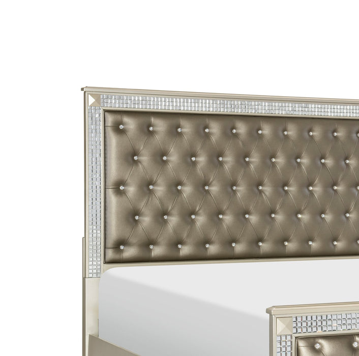 Tyra Panel Bed with Headboard & Frame, Glam, Vegan Leather, Button-Tufted, Champagne - King Size