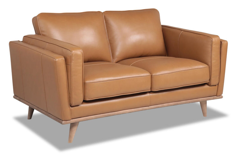 Vivia 63\" Genuine Leather Loveseat with Removable Seat Cushions and Wood Base - Caramel Brown