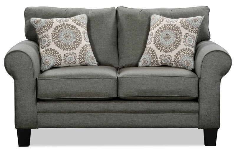 Made in Canada Tula 65\" Fabric Loveseat with Rolled Arms and Accent Pillows - Steel Grey