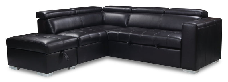 Drake 3-Piece Left-Facing Leather-Look Fabric Sleeper Sectional with Storage Ottoman - Black