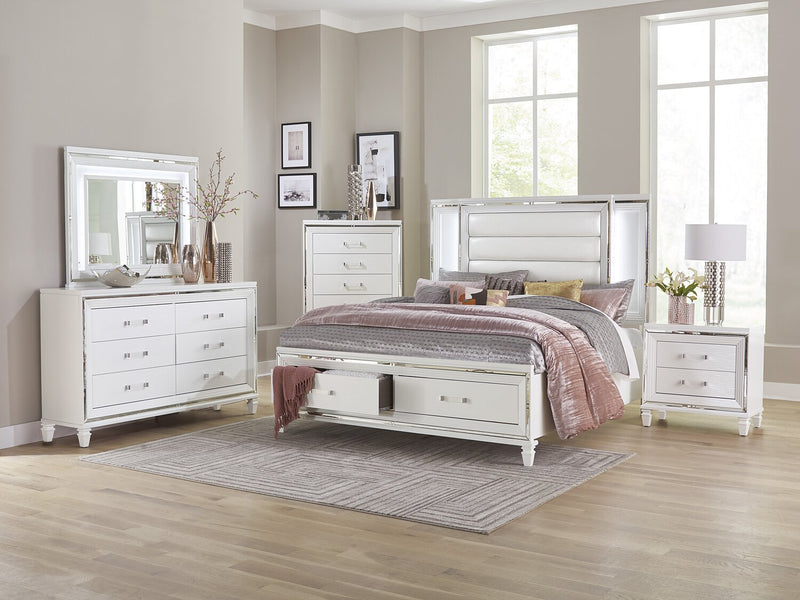 Max 5pc Bedroom Set with Storage Bed, Dresser & Mirror, LED, Glam, White - King Size