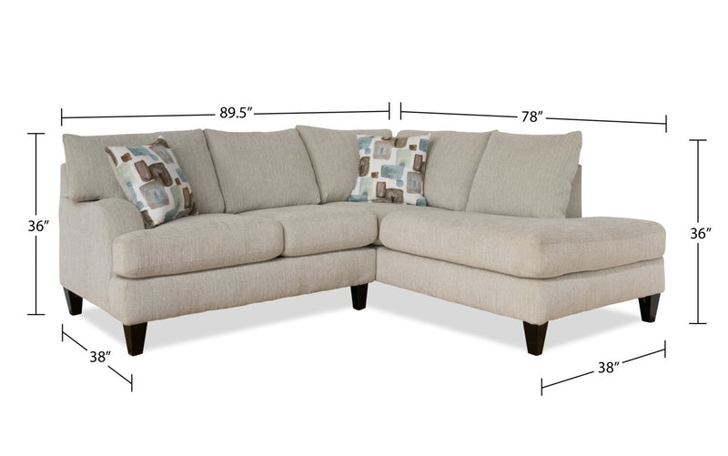 Made in Canada Nofia 2-Piece Right-Facing Chenille Fabric Sectional with  Accent Pillows and Wood Legs - Linen Beige