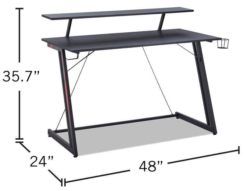 Sparta 48\" Gaming Office Desk with Raised Monitor Shelf - Black with Red Accents