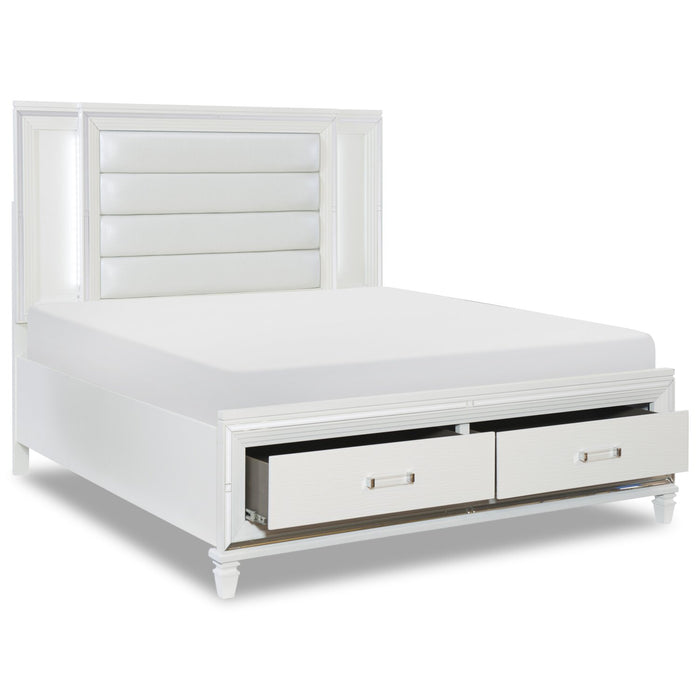 Max Platform Storage Bed with Headboard & Frame, LED, Vegan Leather, Glam, White - King Size