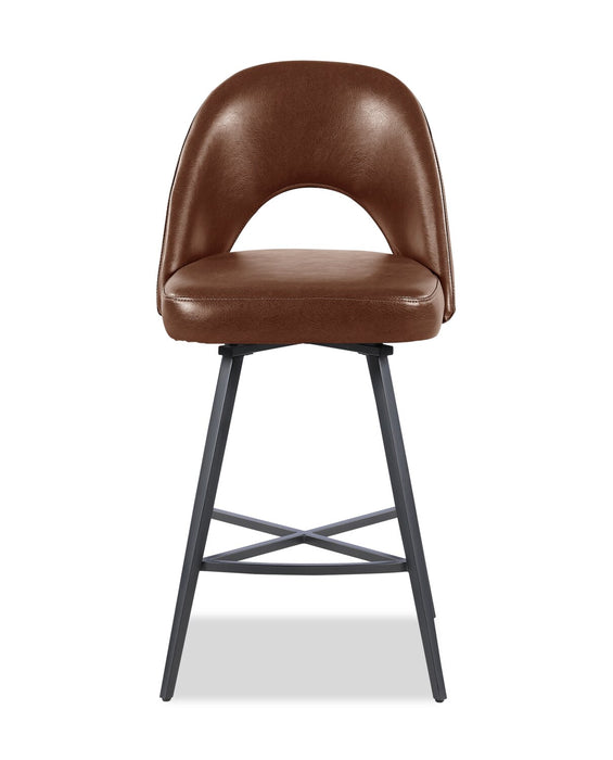 Elijah Counter-Height Stool with Swivel Seat, Vegan Leather Fabric, Metal - Brown