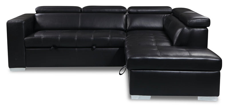 Drake 3-Piece Right-Facing Leather-Look Fabric Sleeper Sectional with Storage Ottoman - Black