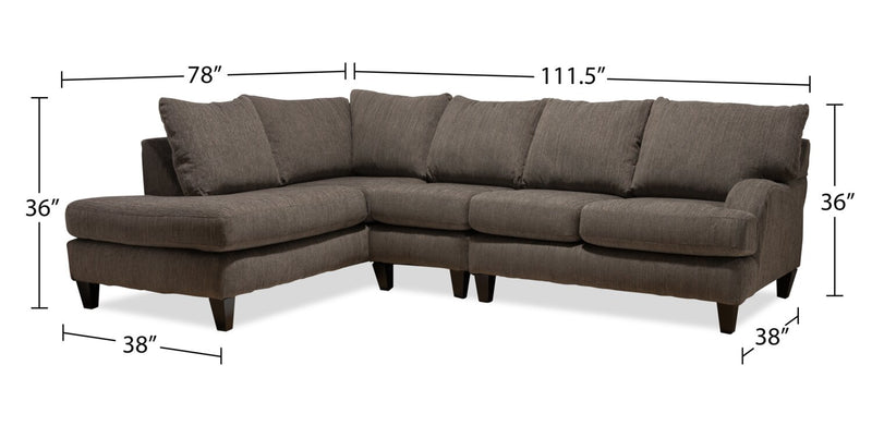 Made in Canada Nofia 3-Piece Left-Facing Chenille Fabric Sectional with  Accent Pillows and Wood Legs - Charcoal Grey