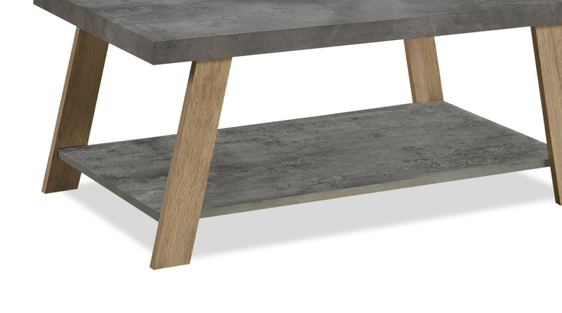 Kelly 43.3\" Modern Coffee Table with Shelf - Grey Stone Top with Light Wood Legs