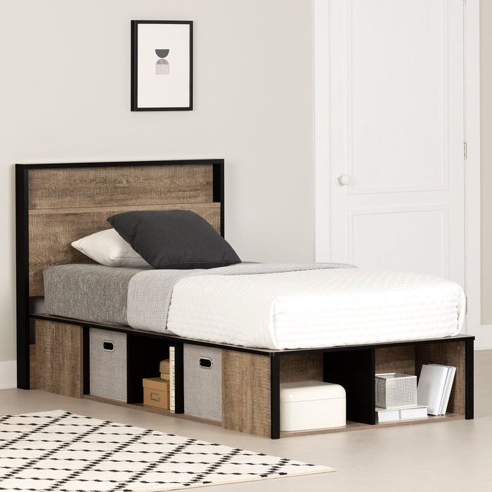 Everley Platform Bed Set with Panel Headboard, Built-in Storage & Baskets, Two-Tone - Twin Size