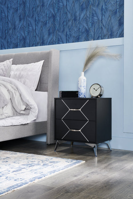 Beau Bedside 2-Drawer Nightstand, 21.7\"W x 24.6\"H, Modern - Black & Silver