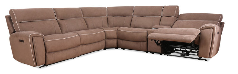 Cindy Crawford Home Newport 6-Piece Faux Suede Power Reclining Sectional with Storage Console and USB Port - Taupe