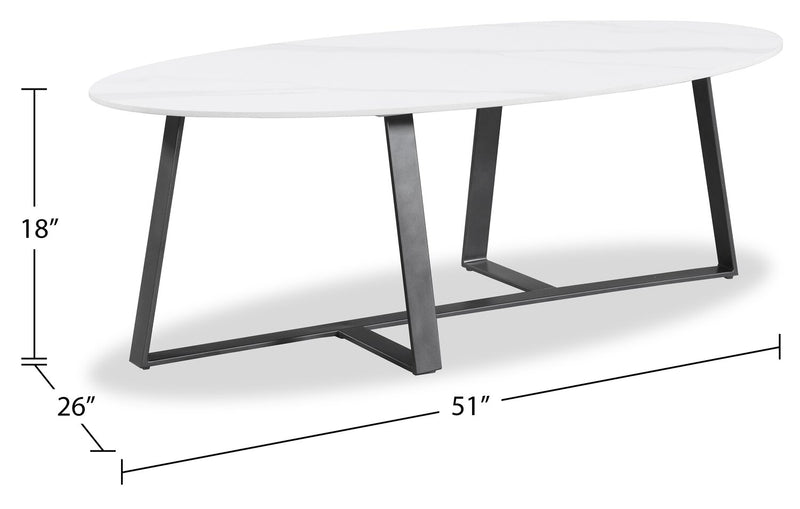 Kort & Co. Nico 51\" Modern Oval Coffee Table - White Sinetered Stone with Dark Grey Metal Legs