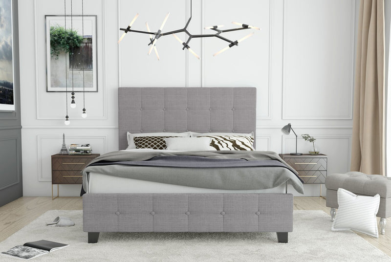 Page Upholstered Bed in Grey Linen-Look Fabric, Button Tufted - Queen Size