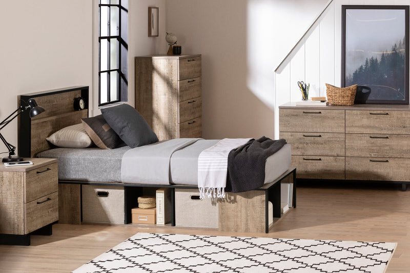 Everley Platform Bed Set with Panel Headboard, Built-in Storage & Baskets, Two-Tone - Twin Size