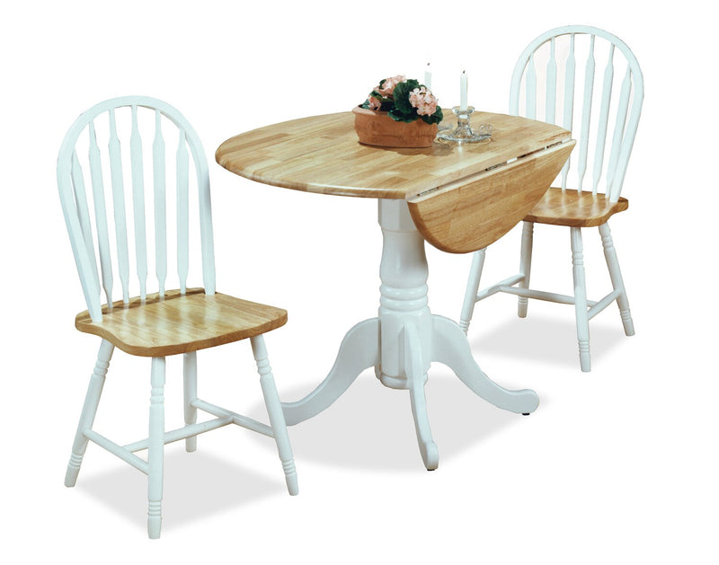 Hana 3pc Drop-Leaf Dining Set with Table & 2 Chairs, Pedestal Base, 40\"W - Two-Tone White & Natural