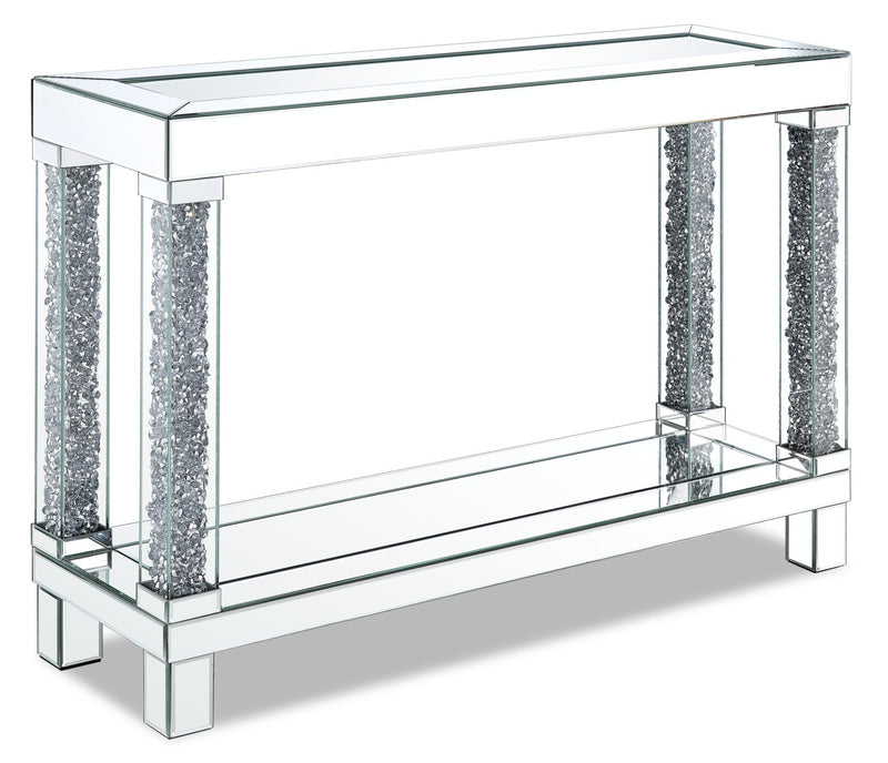 Berni 47.4\" Glam Mirror & Glass Top Sofa Table with Shelf - Silver Metal with Diamond Look Legs