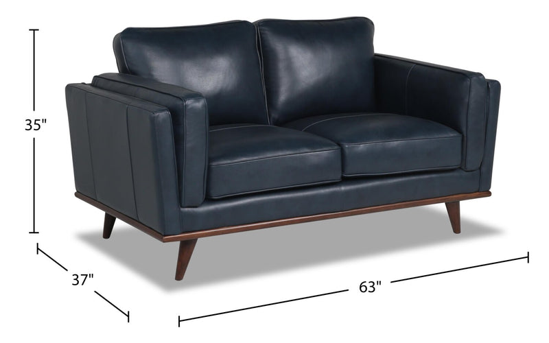 Vivia 63\" Genuine Leather Loveseat with Removable Seat Cushions and Wood Base - Navy Blue