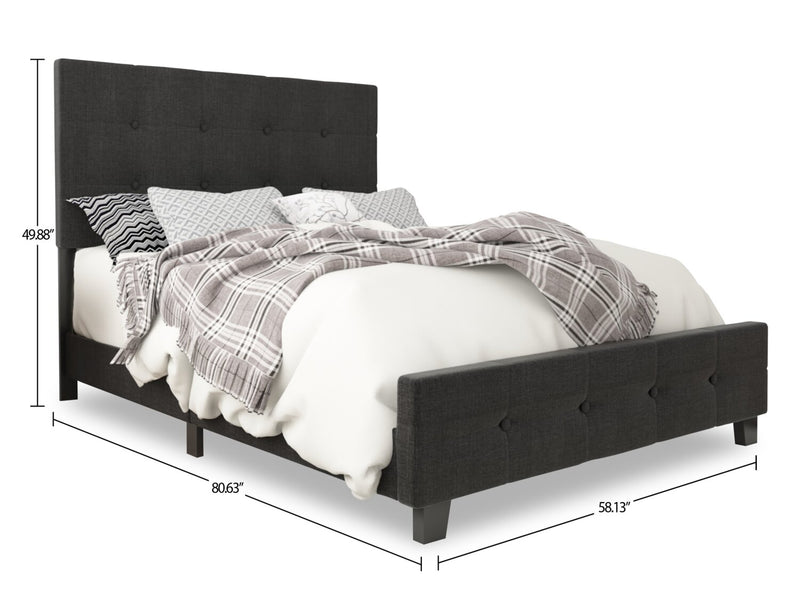 Page Upholstered Bed in Charcoal Linen-Look Fabric, Button Tufted - Full Size