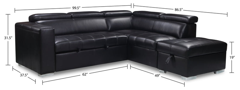 Drake 3-Piece Right-Facing Leather-Look Fabric Sleeper Sectional with Storage Ottoman - Black