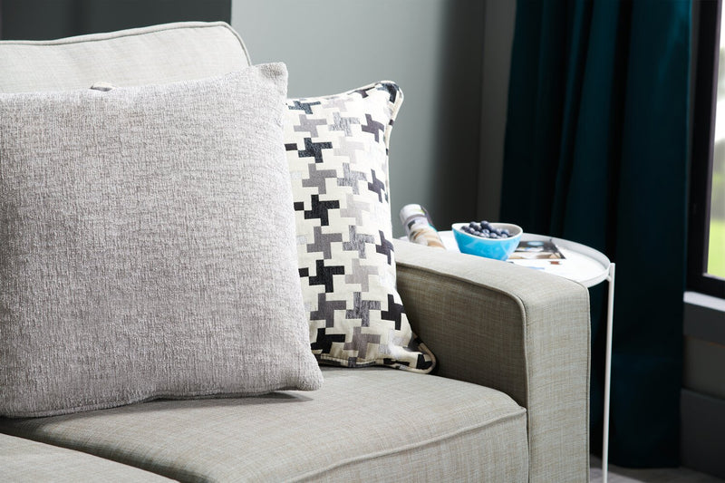 Made in Canada Sawyer 57\" Linen-Look Fabric Loveseat with Reversible Cushions and Accent Pillows - Light Grey