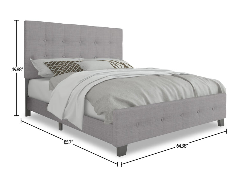 Page Upholstered Bed in Grey Linen-Look Fabric, Button Tufted - Queen Size