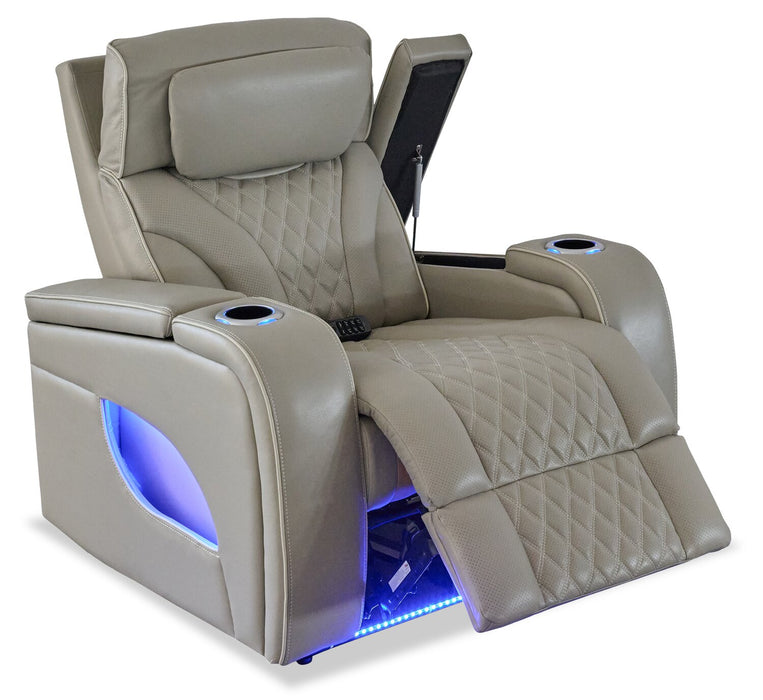 Elite 38\" Genuine Leather Massage Power Reclining Chair with Power Headrest and Storage Armrests - Grey
