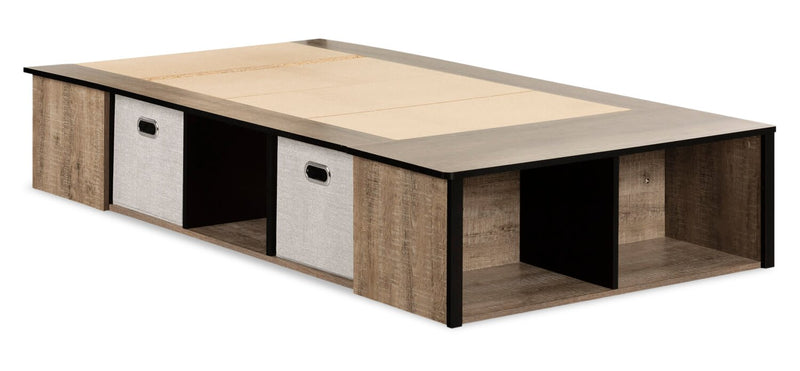 Everley Platform Bed with Built-in Storage & Baskets, Weathered Oak & Matte Black - Twin Size