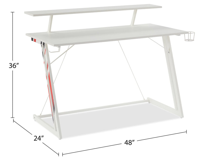 Sparta 48\" Gaming Office Desk with Raised Monitor Shelf - White with Black & Red Accents