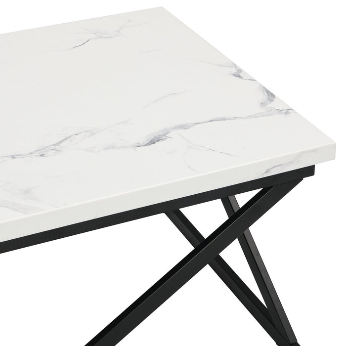 Verona 47.25\" Modern Coffee Table - White Marble Look with Black Metal Base