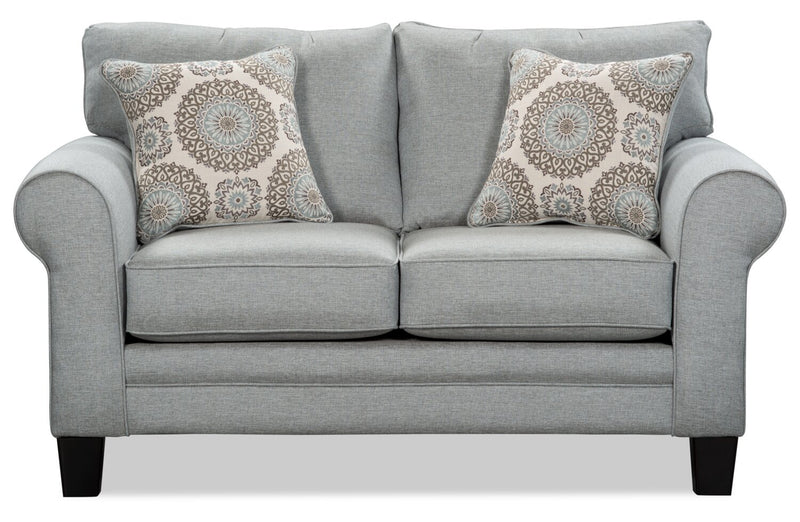 Made in Canada Tula 65\" Fabric Loveseat with Rolled Arms and Accent Pillows - Mist Grey