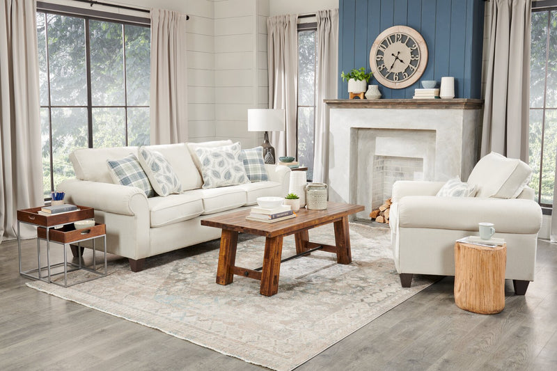 Made in Canada Scarlett 41.5\" Chenille Fabric Chair with Rolled Arms and Accent Pillow - Ecru Beige