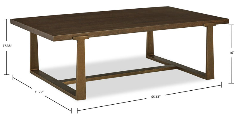 Terza 55.13\" Contemporary Coffee Table - Dark Brown Wood Top with Bronze Metal Legs