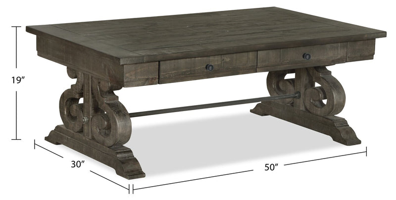 Bellamy 50\" Traditional Coffee Table with Storage - Dark Brown Pine with Scroll Design Wood Base