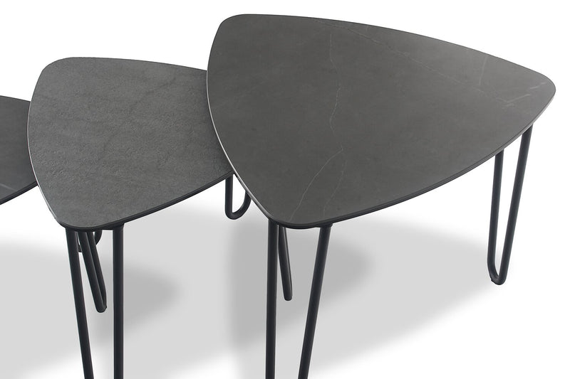 Hamilton 22\" Modern Triangular 3-Pack Nesting Tables - Grey Marble Look Top with Black Metal Legs