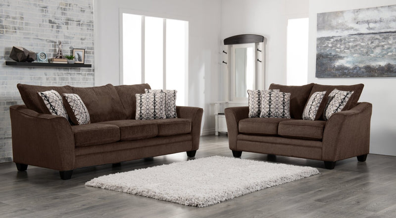 Made in Canada Febe 100\" Chenille Fabric Queen-Size Sofa Bed with Flared Arms and Accent Pillows - Brown