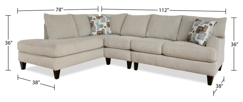 Made in Canada Nofia 3-Piece Left-Facing Chenille Fabric Sectional with  Accent Pillows and Wood Legs - Linen Beige