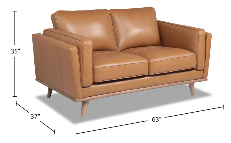 Vivia 63\" Genuine Leather Loveseat with Removable Seat Cushions and Wood Base - Caramel Brown