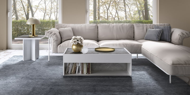 Marla 47.25\" Modern Coffee Table with Shelf - White and Grey with Marble Look