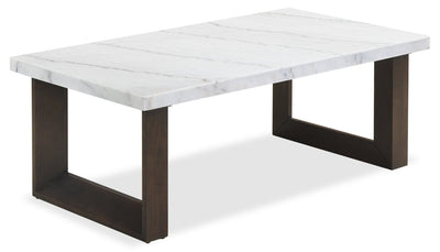 Silvia 48" Modern Coffee Table - White and Grey Marble Look with Brown Wood Legs|Table à café moderne Silvia de 48 po - imitation de marbre blanc et gris avec pattes en bois brun