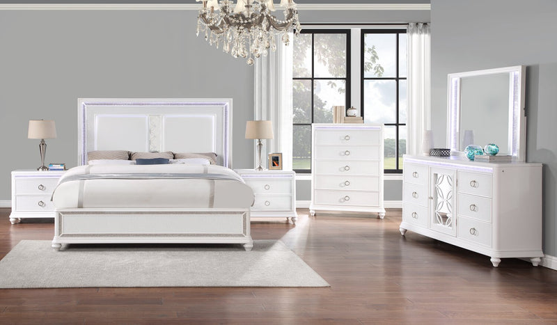 Ava Panel Bed with Headboard & Frame, LED, Glam, White - King Size