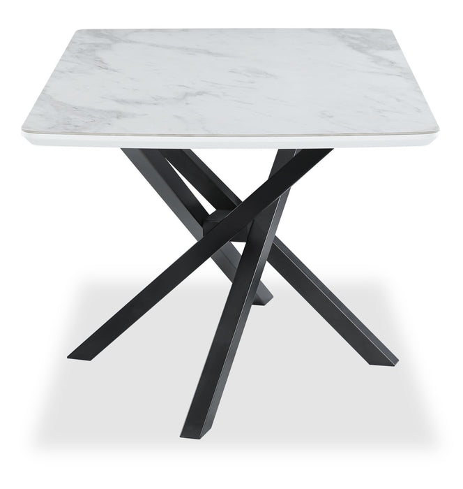 Bari Dining Table with Marble-Look Ceramic Top, Metal, Geometric Base, 63\"W - White
