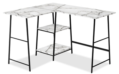 Evlin 42" L-Shaped Office Desk with Shelves - White Marble-Look|Bureau en forme de L Evlin de 42 po à tablettes - apparence marbre blanc