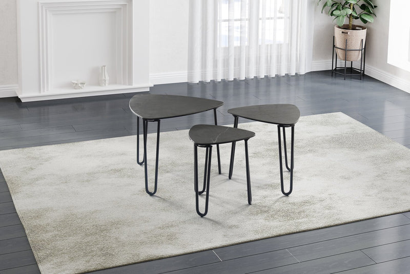 Hamilton 22\" Modern Triangular 3-Pack Nesting Tables - Grey Marble Look Top with Black Metal Legs