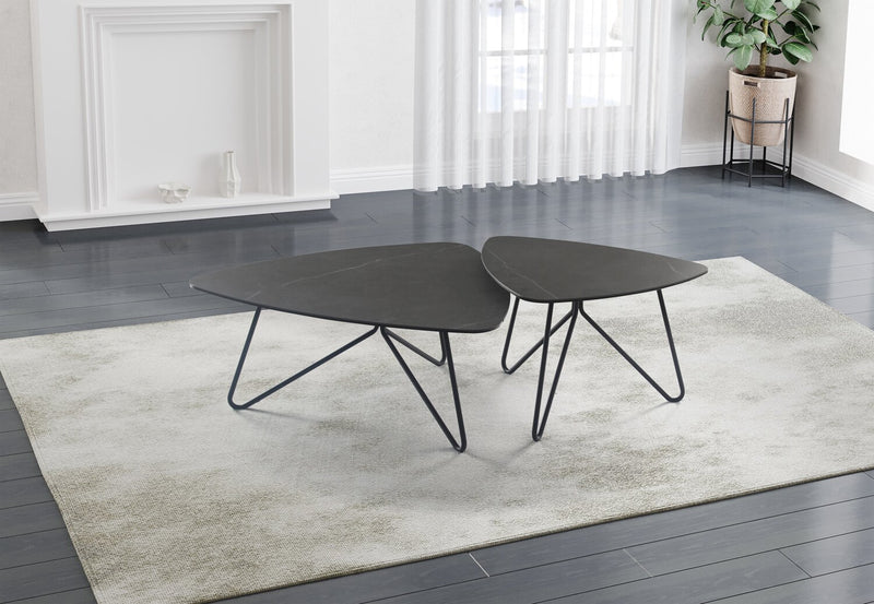 Hamilton 37.99\" Modern Triangular Coffee Table - Grey Marble Look Top with Black Metal Legs
