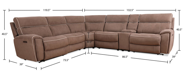 Cindy Crawford Home Newport 6-Piece Faux Suede Power Reclining Sectional with Storage Console and USB Port - Taupe