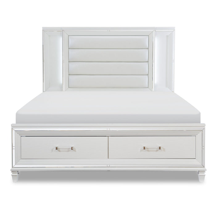 Max Platform Storage Bed with Headboard & Frame, LED, Vegan Leather, Glam, White - King Size
