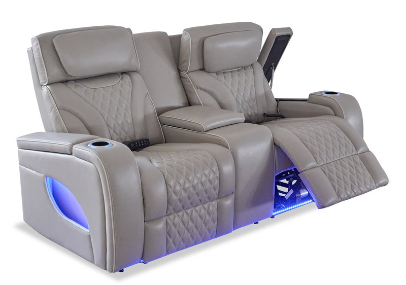 Elite 74\" Genuine Leather Massage Power Reclining Loveseat with Power Headrests and Storage Arms - Grey