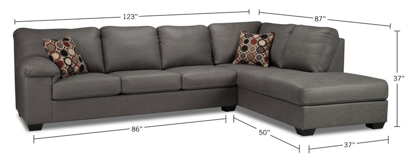 Made in Canada Morty 2-Piece Right-Facing Leather-Look Fabric Sectional with Sofa and Accent Pillows - Grey
