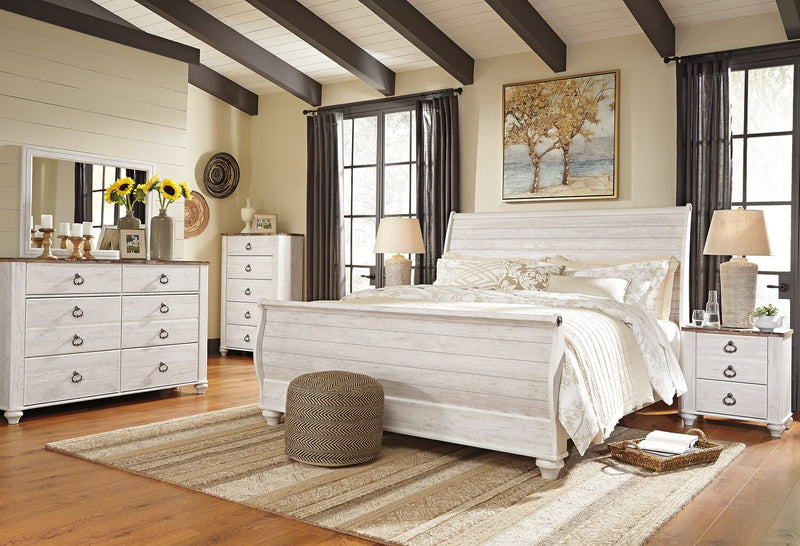 Willowton 6pc Bedroom Set with Sleigh Bed, Dresser, Mirror & Nightstand, Whitewash - King Size
