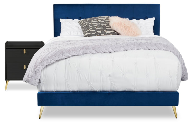 Gabi Upholstered Bed in Blue Velvet Fabric with Gold Finish Legs, Button Tufted - Queen Size